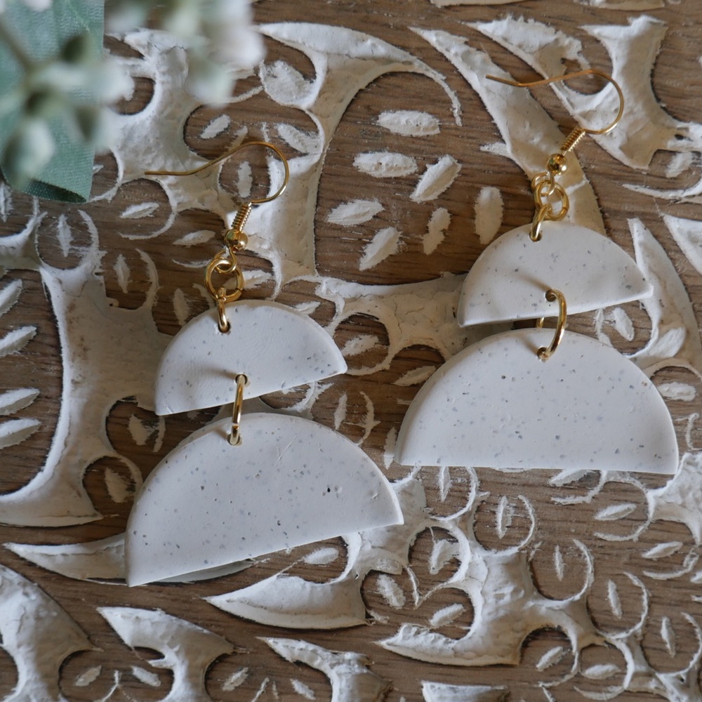 White Speckled Fan Clay Earrings - Picture 2 of 5